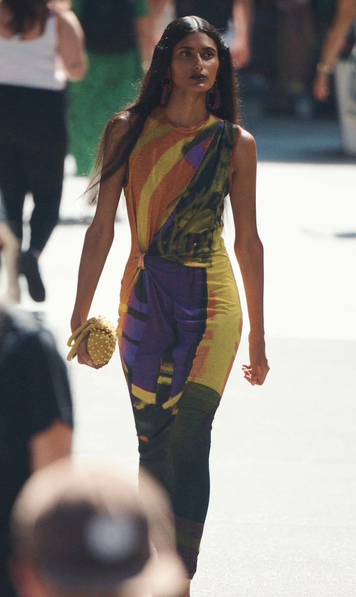 Model wearing Rachel Comey x Joan Jonas Eunoia Dress