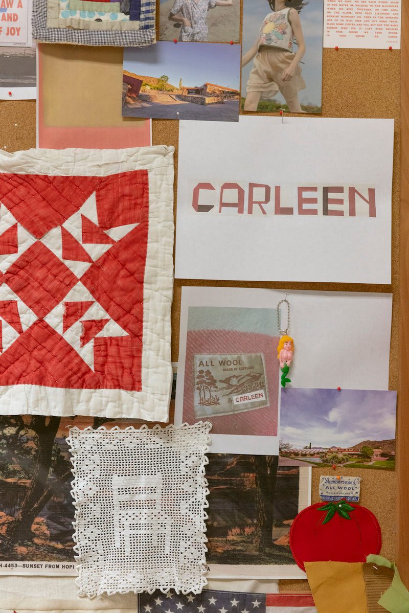 Closeup of textiles, photographs, and other papers collaged on a bulletin board with the name CARLEEN