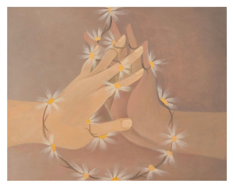 Original Artwork by Laura Berger of two hands intertwined with flowers