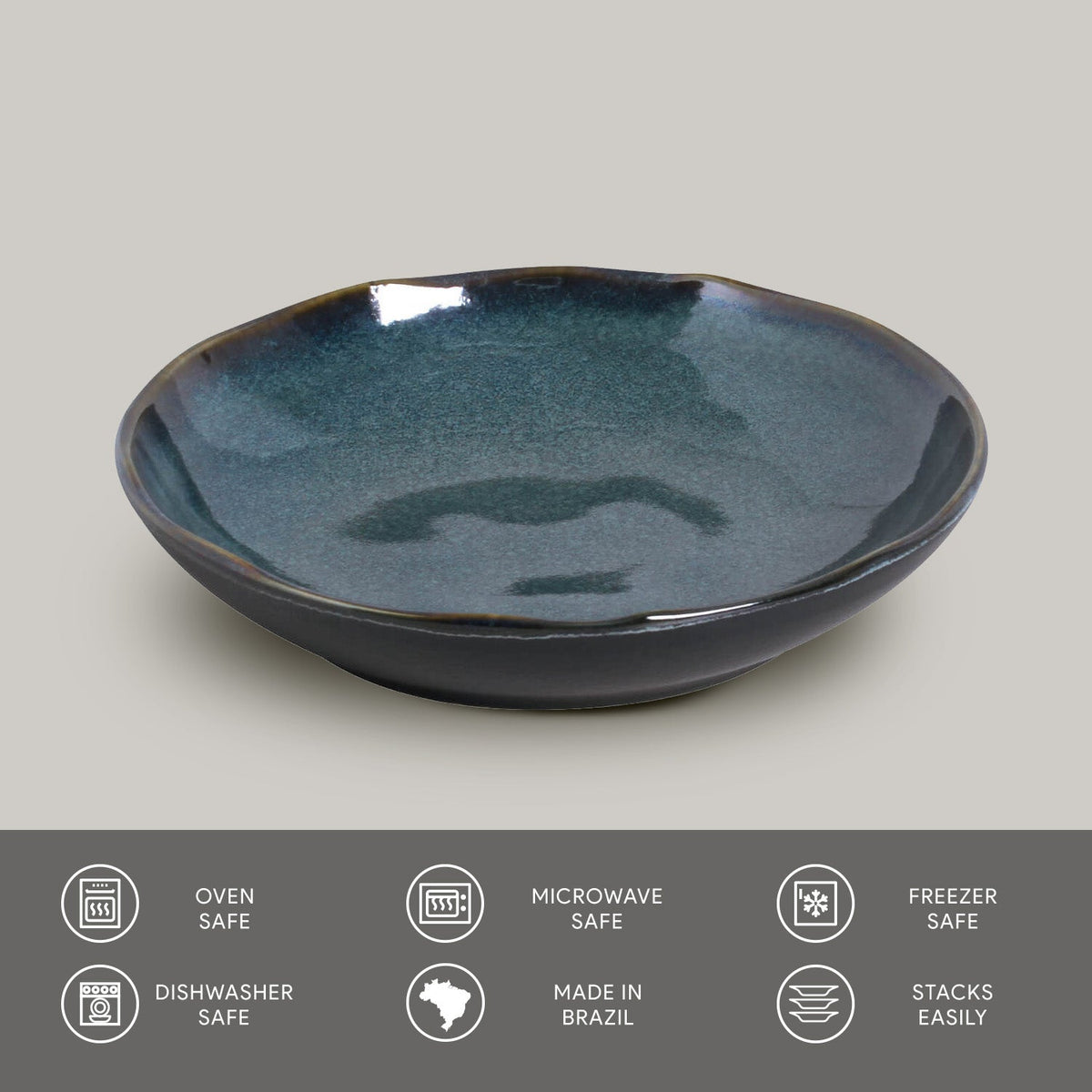 Teal ceramic bowl on a light gray background with safety and feature icons at the bottom.