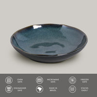 Teal ceramic bowl on a light gray background with safety and feature icons at the bottom.
