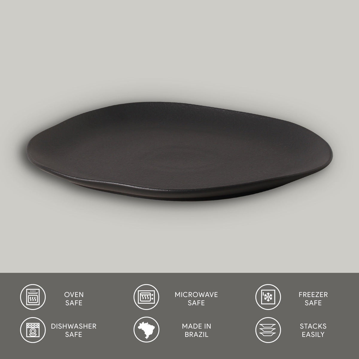 Black oval plate on a gray background with safety and feature icons at the bottom.