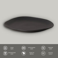 Black oval plate on a gray background with safety and feature icons at the bottom.
