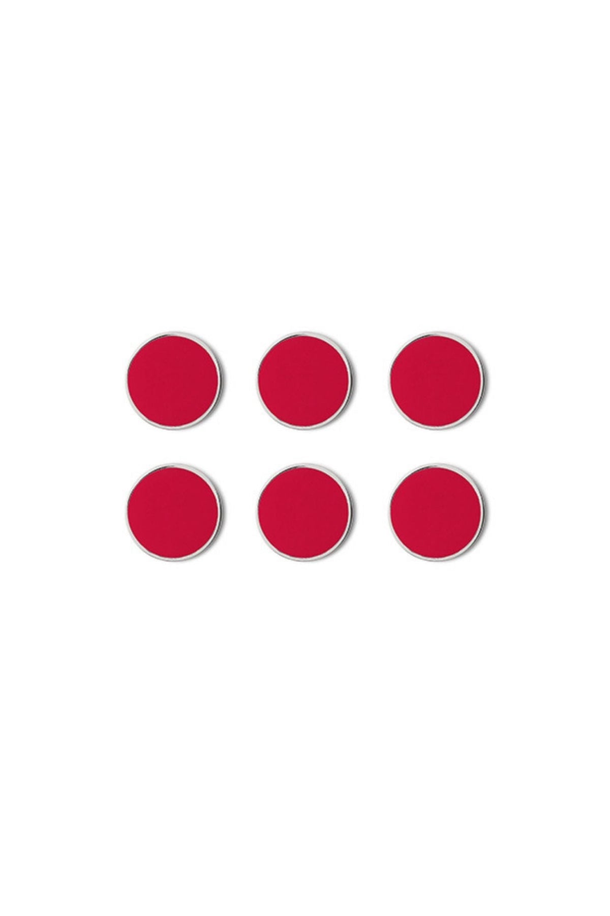 Six red circular magnets on a white background
