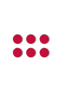 Six red circular magnets on a white background
