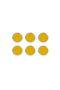 Six yellow circular magnets on a white background