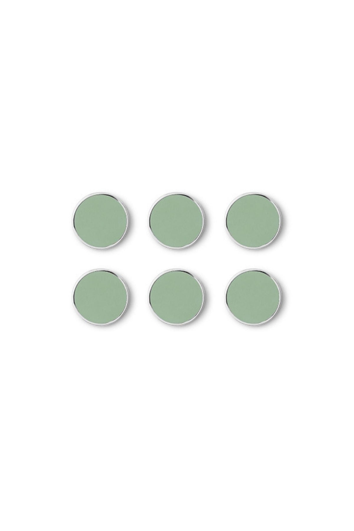 Set of six green circular magnets on a white background