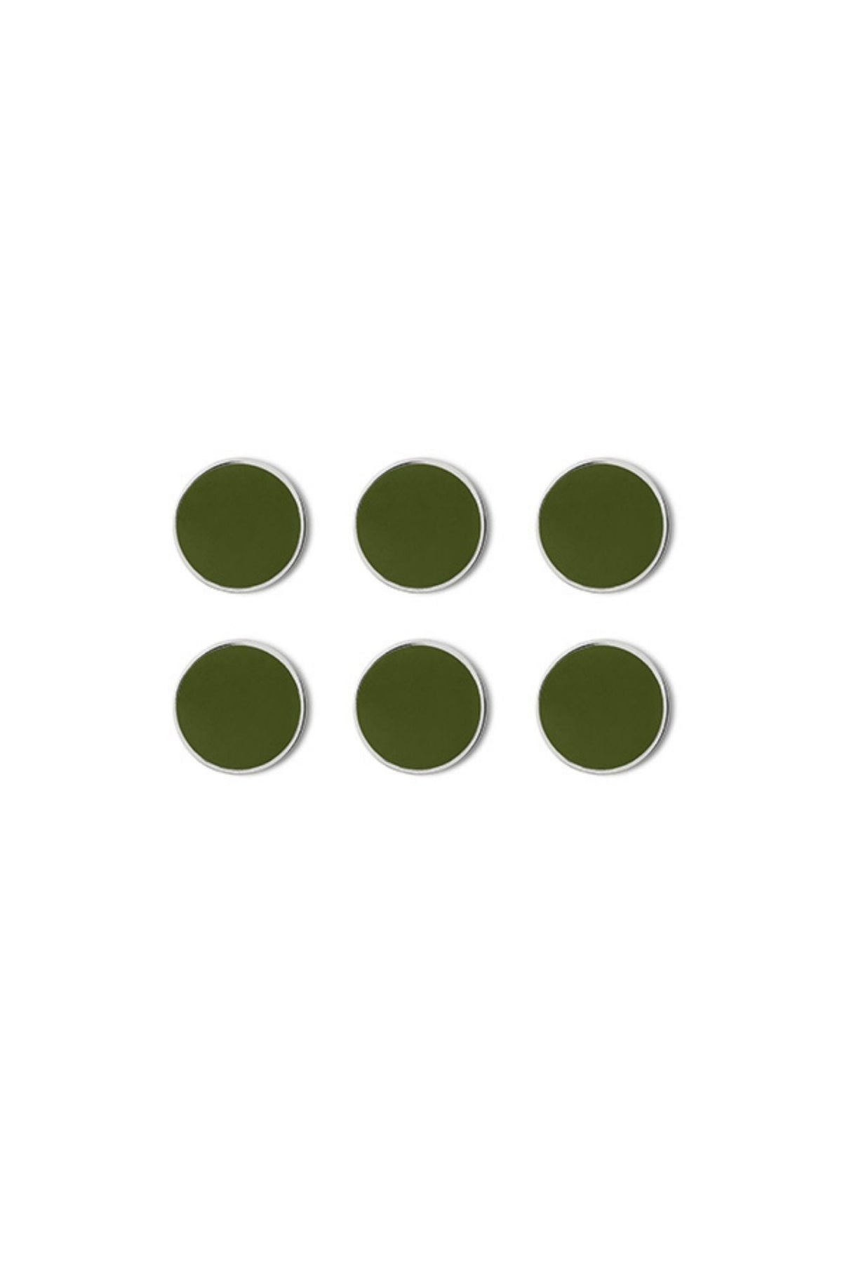 Six green circular magnets on a white background