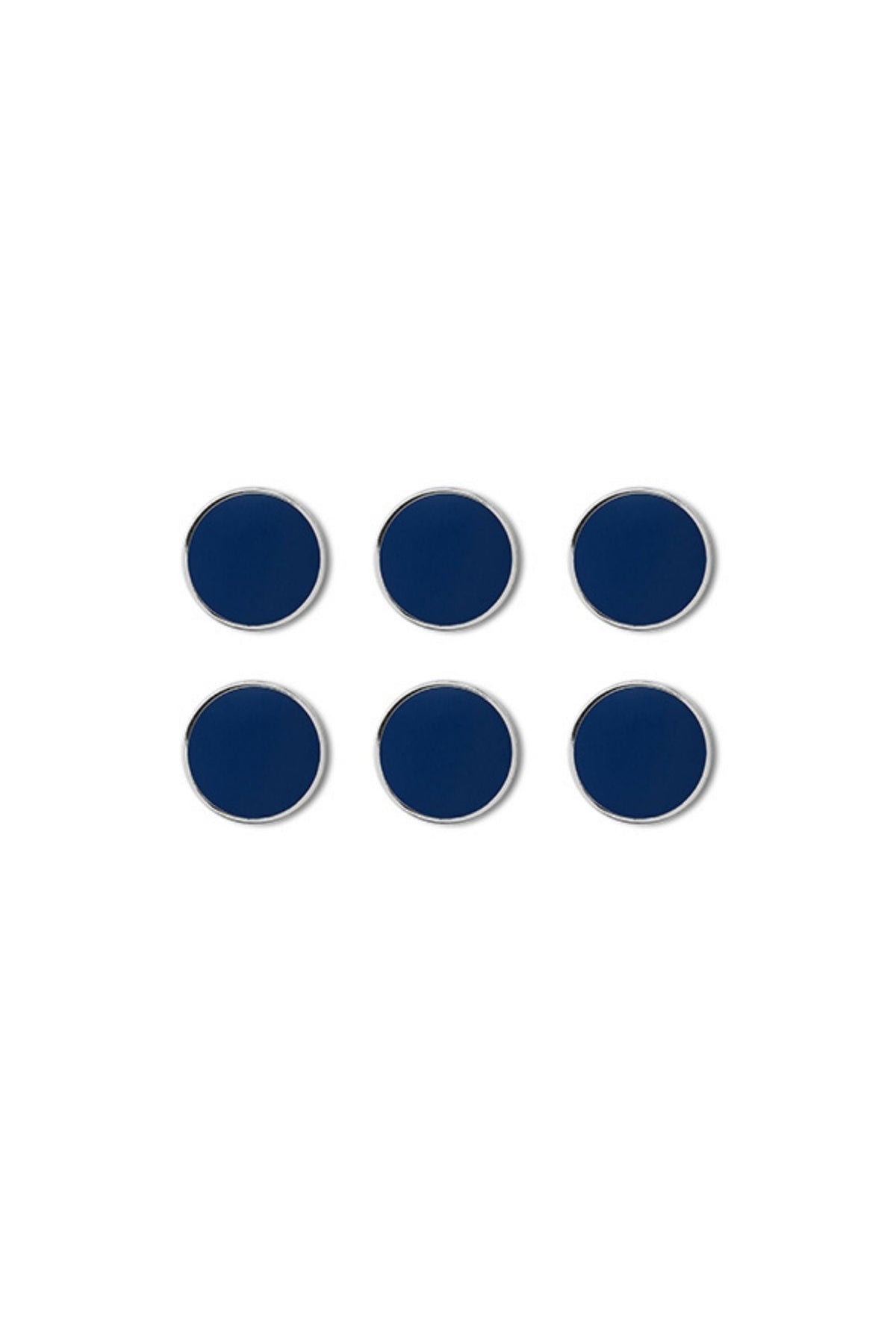 Six blue circular magnets on a white background