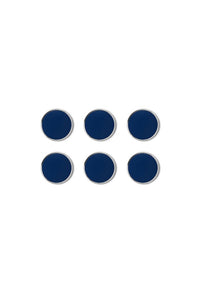 Six blue circular magnets on a white background