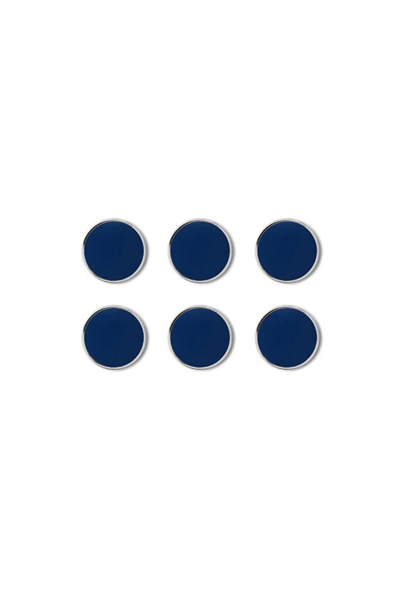 Six blue circular magnets on a white background