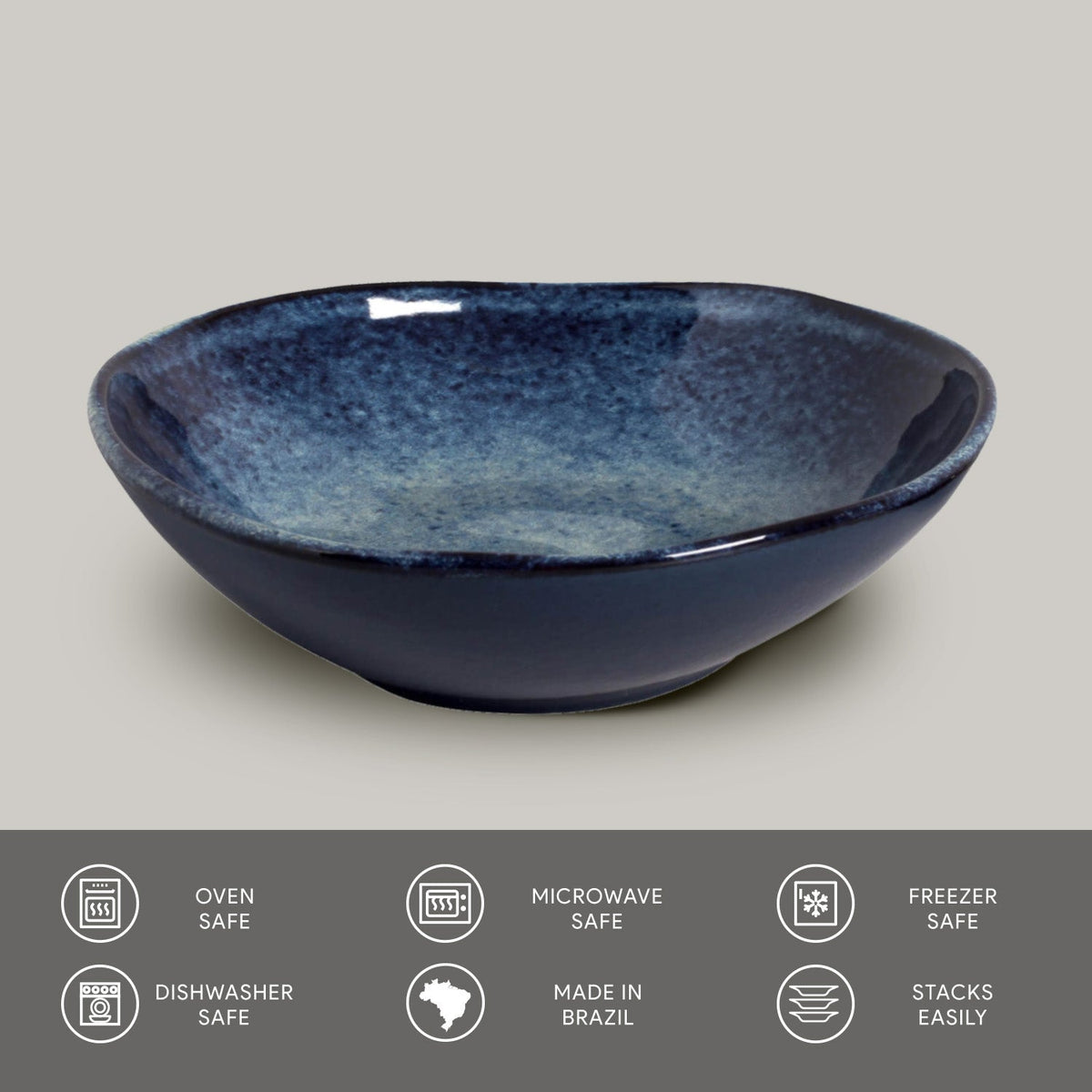 Blue ceramic bowl on a gray background with safety and feature icons at the bottom.