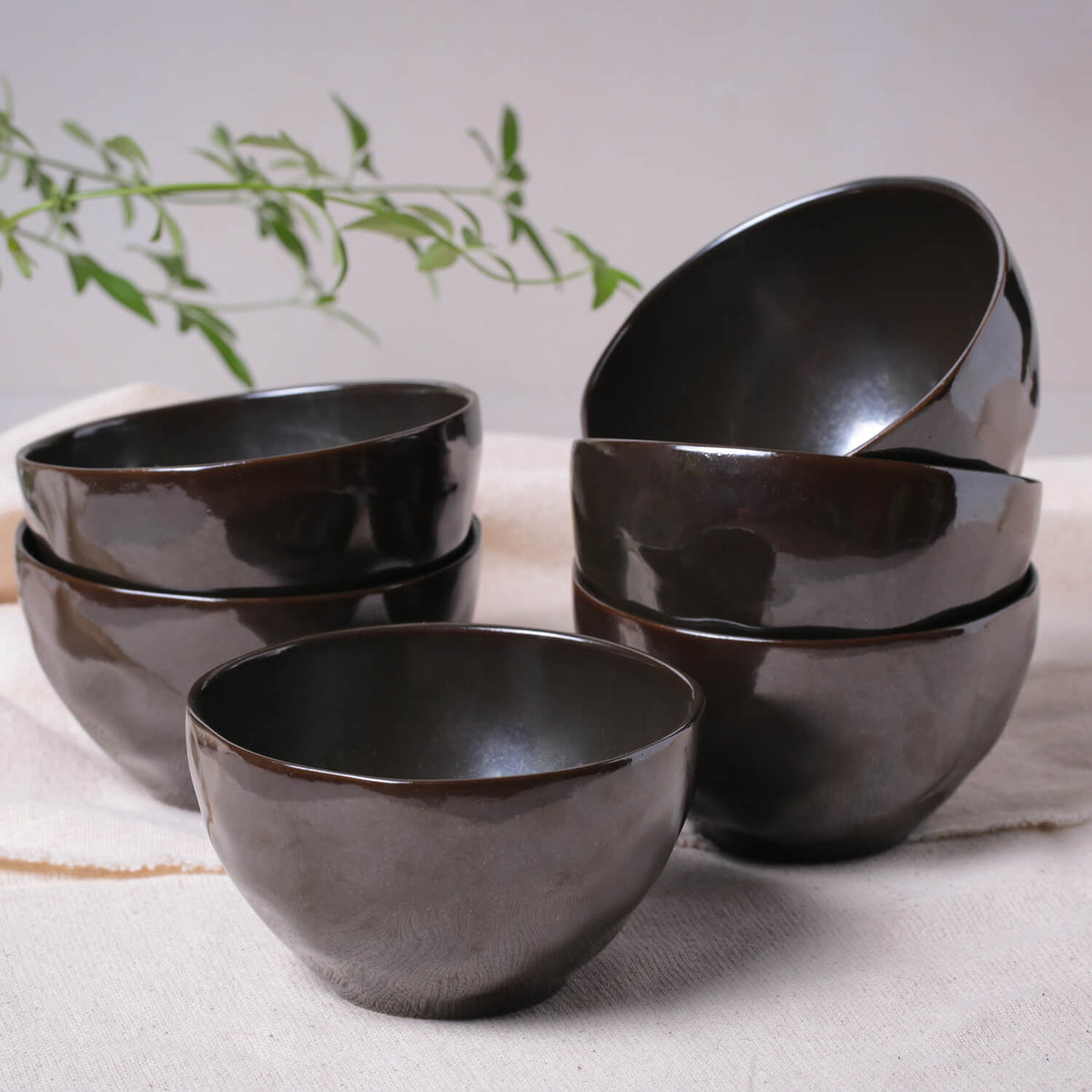 Set of black ceramic bowls on a light surface with a plant in the background