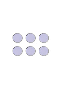 Set of six purple circular magnets on a white background