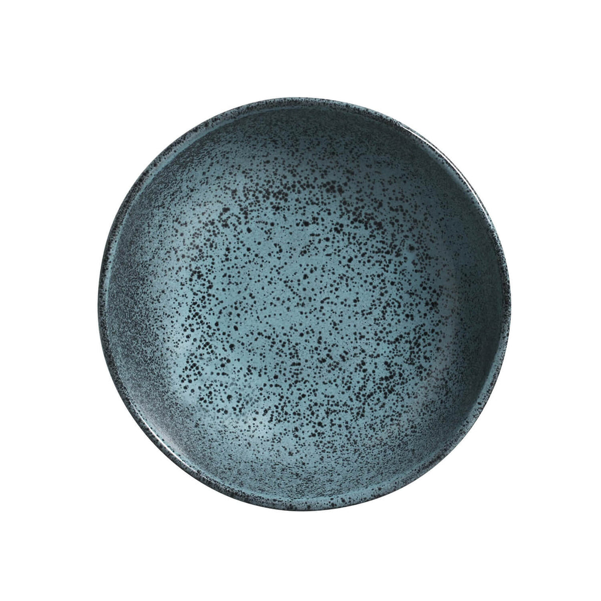 Blue ceramic bowl with speckled texture on a white background