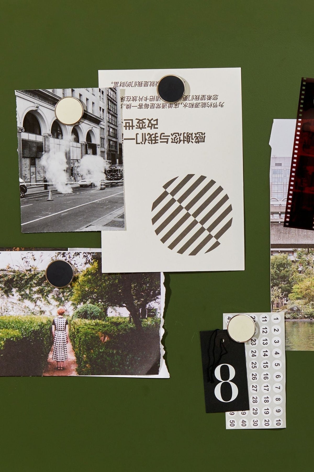 Collage of photos and stickers held by magnets on a green board background