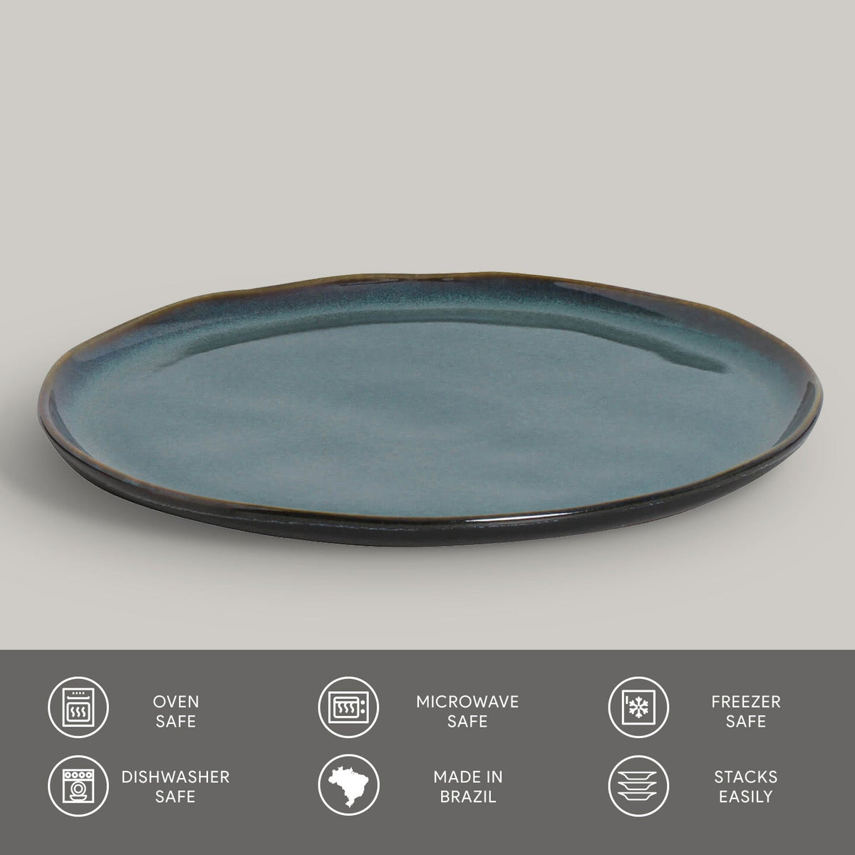Blue ceramic plate on a gray background with safety and feature icons at the bottom.