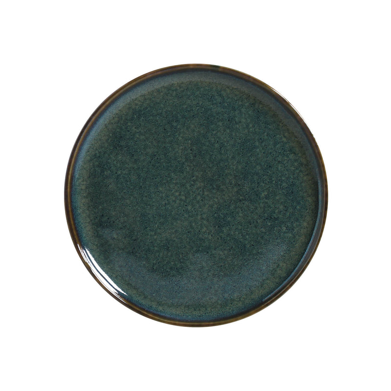 Green ceramic plate with a brown rim on a white background