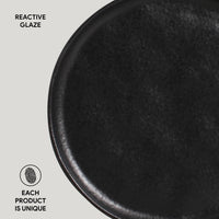 Close-up of a black ceramic product with 'Reactive Glaze' text and 'Each Product is Unique' label on a light gray background.