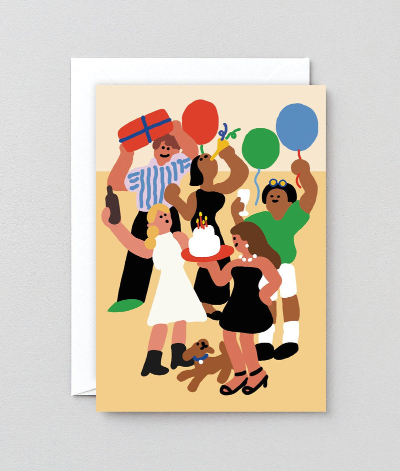 Illustrated birthday card with people celebrating a birthday, holding balloons and a cake.