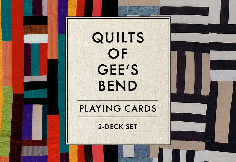 Playing cards set titled 'Quilts of Gee's Bend' with a colorful quilt pattern in the background.