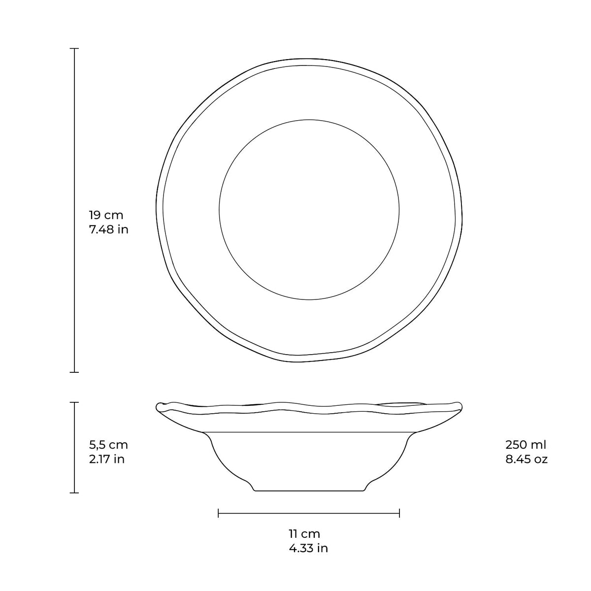Measurement chart of a ceramic bowl with dimensions and volume indicated.
