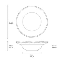 Measurement chart of a ceramic bowl with dimensions and volume indicated.