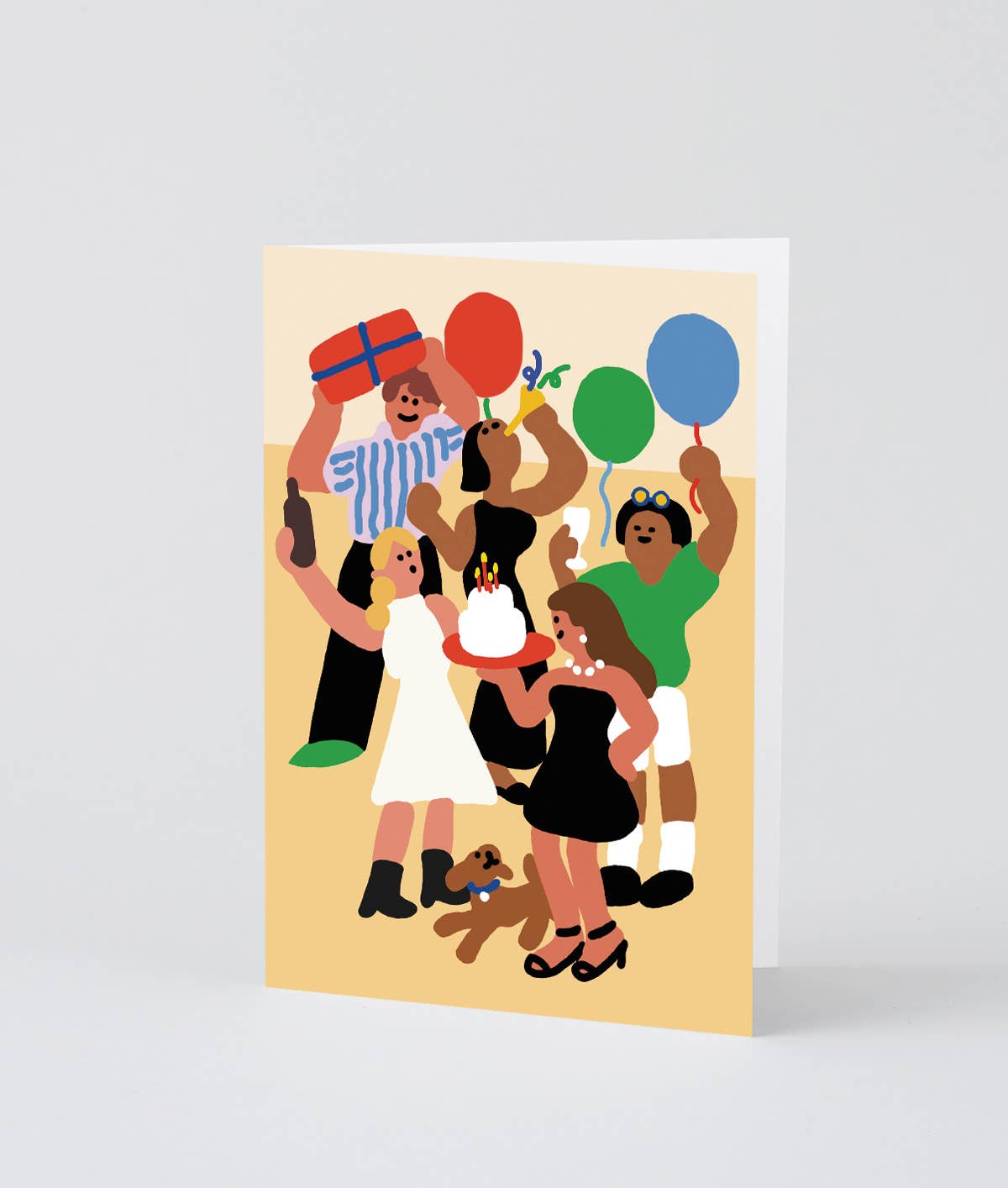 Illustrated greeting card with people holding balloons on a beige background