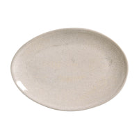 Round beige stoneware plate on a white background
