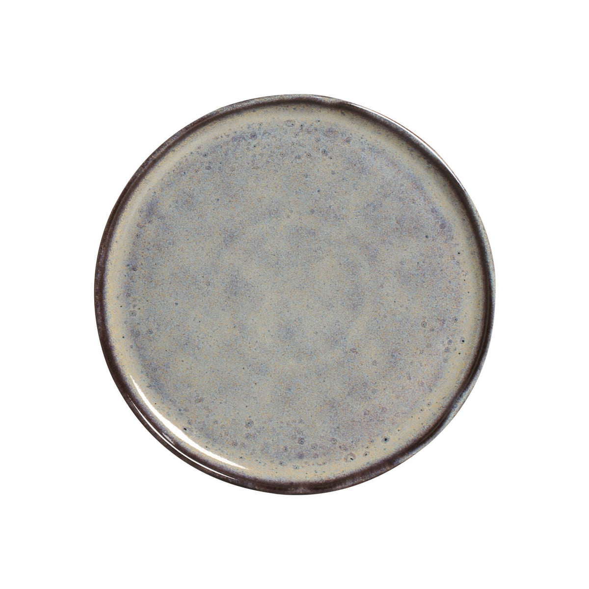 Round ceramic plate with a speckled design on a white background