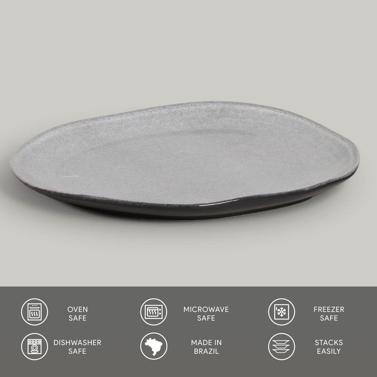 Gray ceramic plate on a light gray background with safety and feature icons at the bottom.