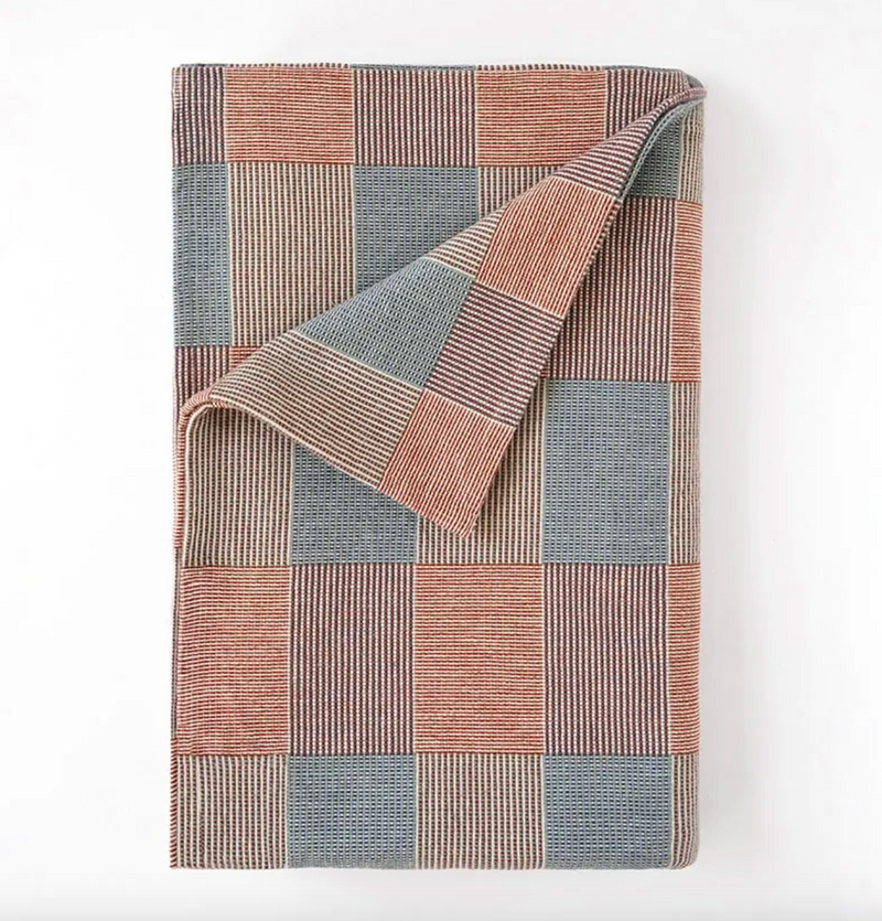 Textured blanket with a checkered pattern on a white background