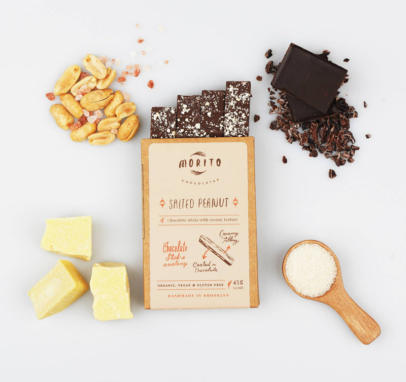 Morito salted peanut chocolate sticks packaging with ingredients on a white background