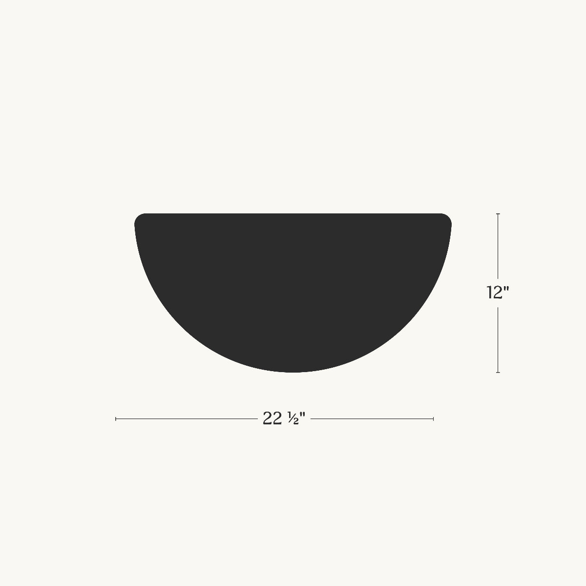 Black half-circle shape with measurements on a white background