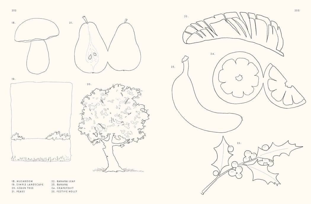 Black and white line drawings of various objects including a mushroom, pear, banana, pomegranate, tree, and leaf on a white background.