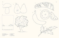 Black and white line drawings of various objects including a mushroom, pear, banana, pomegranate, tree, and leaf on a white background.