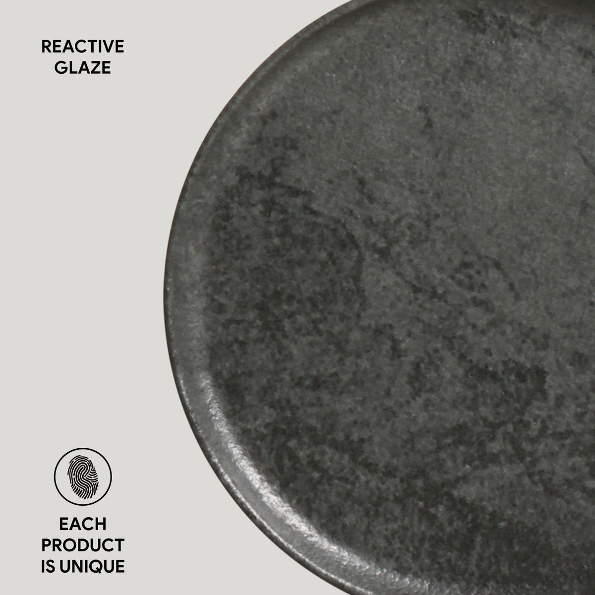 Close-up of a textured ceramic plate with 'Reactive Glaze' text and 'Each Product is Unique' label.