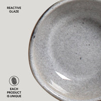 Close-up of a gray ceramic bowl with 'Reactive Glaze' text and 'Each Product is Unique' label.