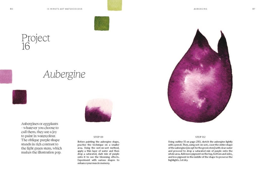 Book pages with a purple aubergine illustration and text on a white background