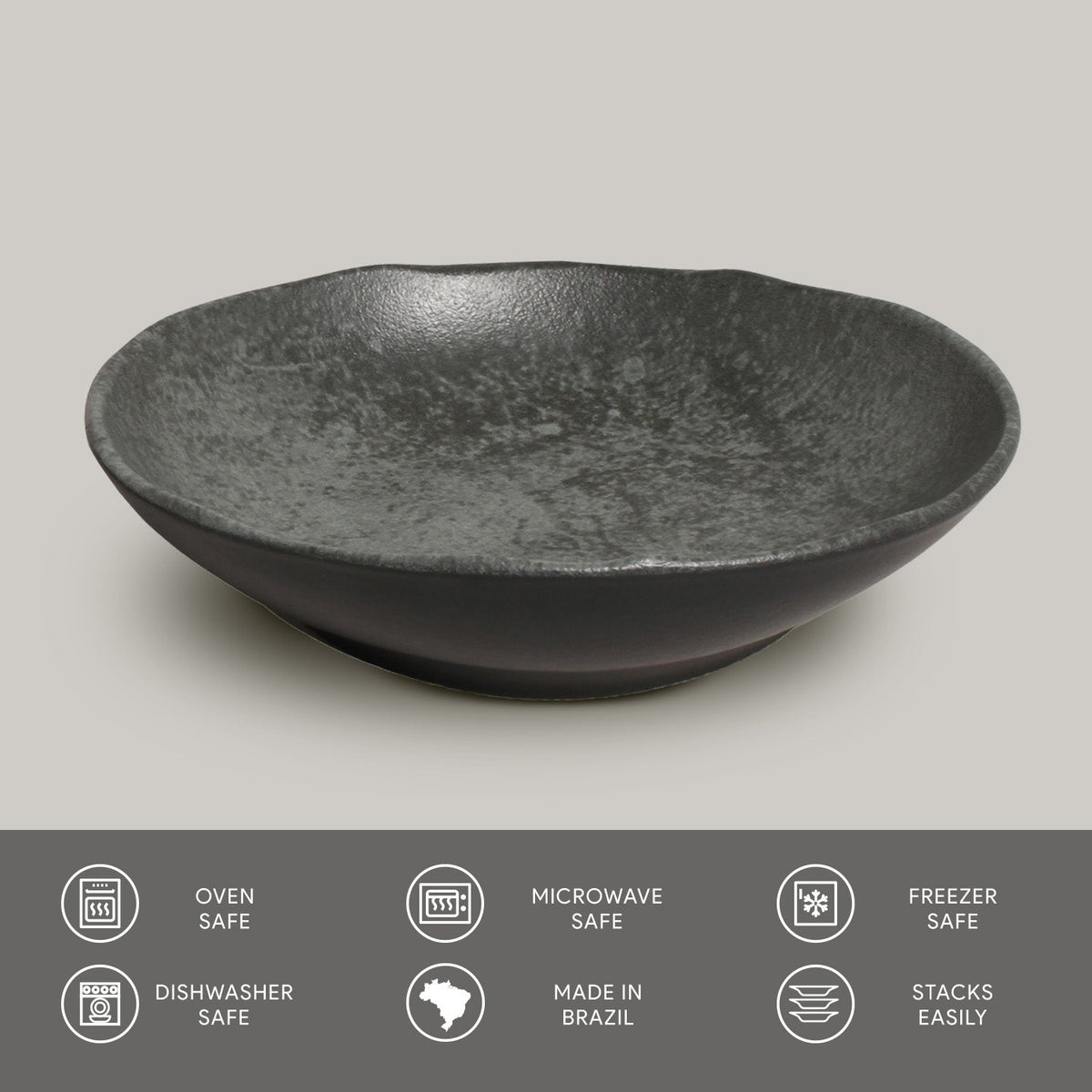 Black ceramic bowl on a light gray background with safety and feature icons at the bottom.