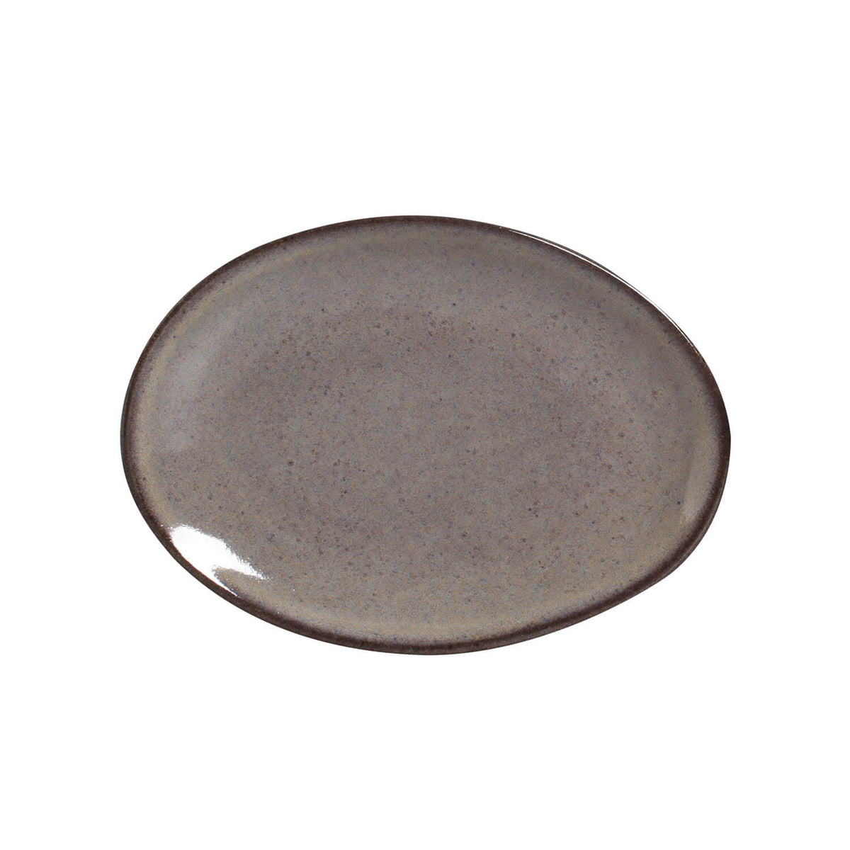 Round ceramic plate with a speckled gray finish on a white background