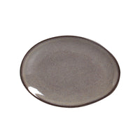Round ceramic plate with a speckled gray finish on a white background