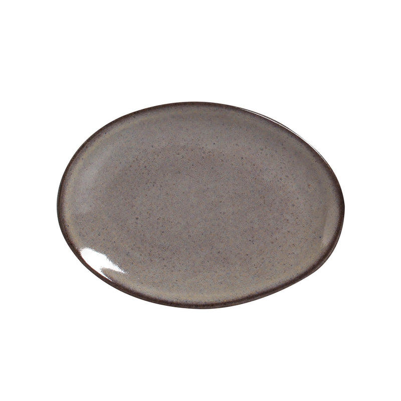Round ceramic plate with a speckled gray finish on a white background