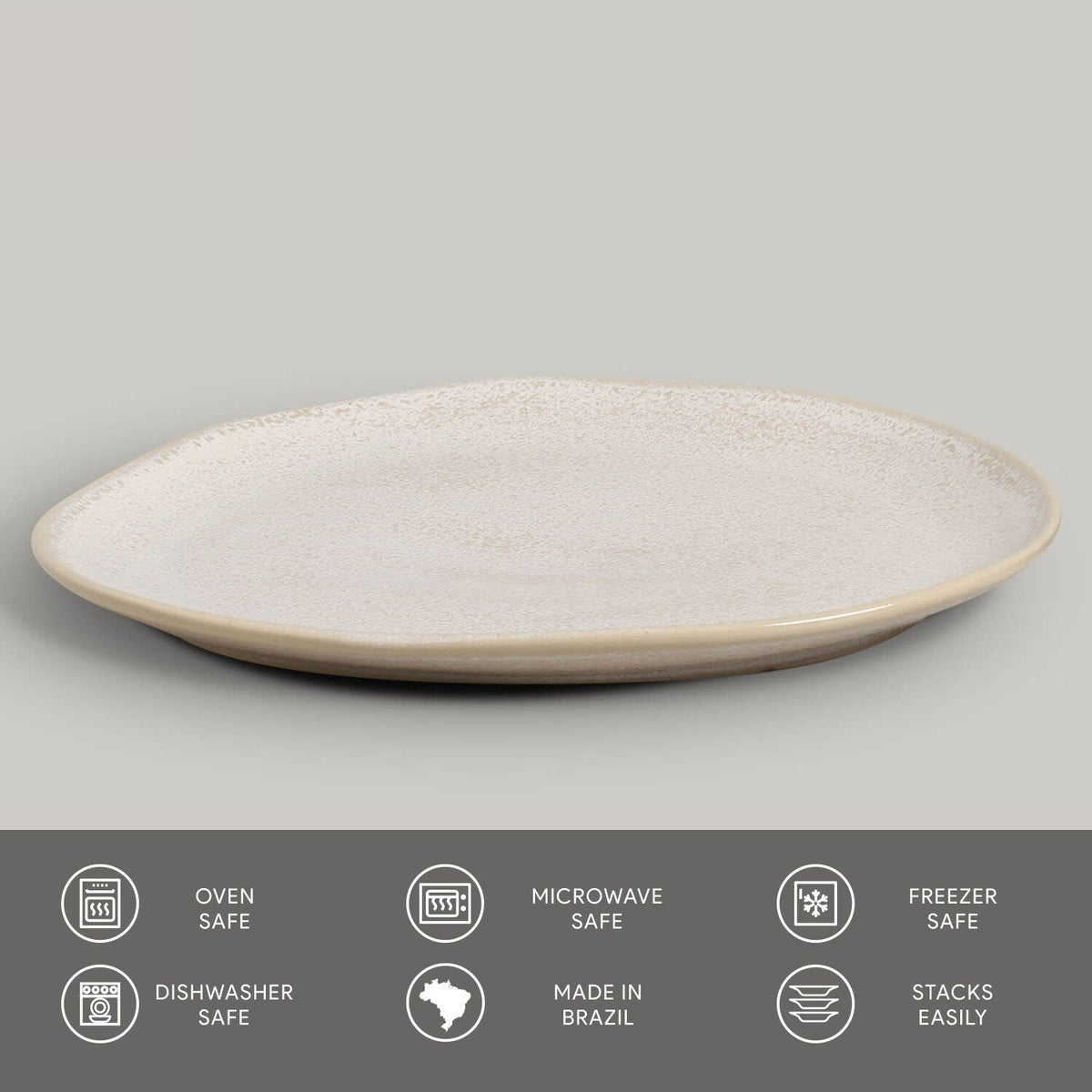 Round ceramic plate on a gray background with safety and feature icons at the bottom.