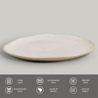 Round ceramic plate on a gray background with safety and feature icons at the bottom.