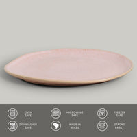 Pink ceramic plate on a gray background with safety and feature icons at the bottom.