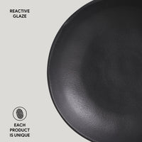 Black ceramic plate with 'Reactive Glaze' text and 'Each Product is Unique' label on a light gray background