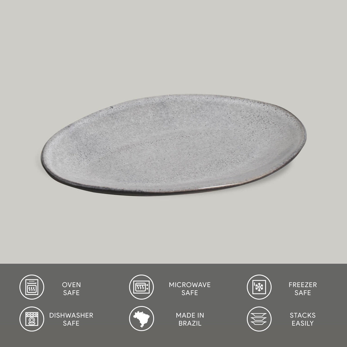 Round gray ceramic plate on a light gray background with safety and feature icons at the bottom.