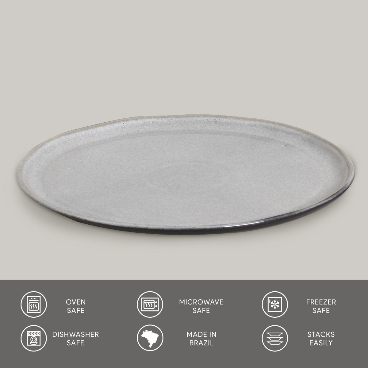 Round ceramic plate on a light gray background with safety and feature icons at the bottom.