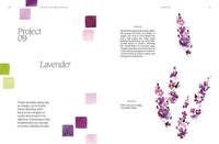 Page from an art book showing lavender-themed art project with text and color swatches.